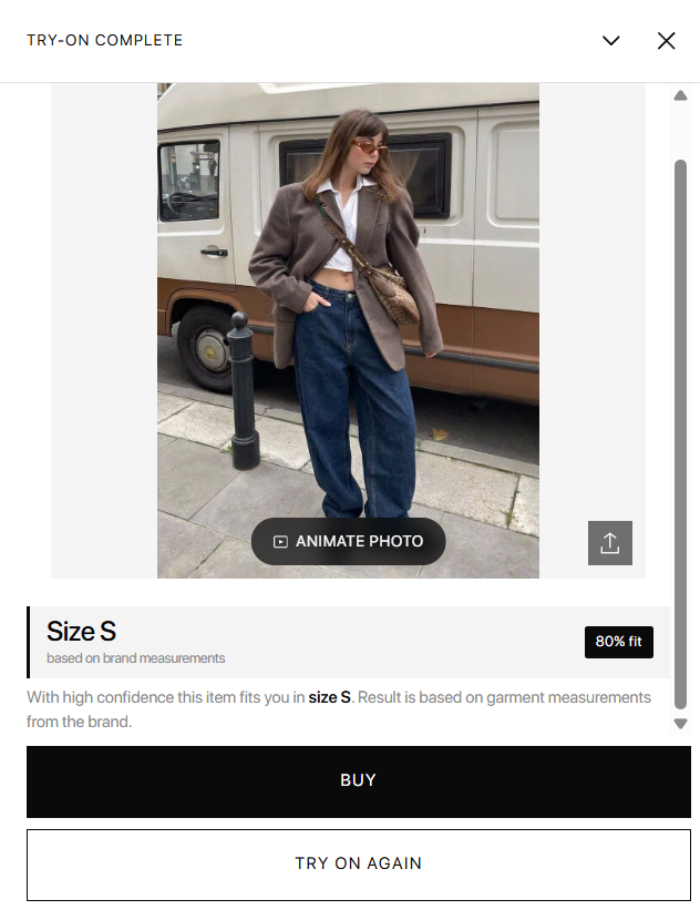 virtual try-on for fashion e-commerce - LOOKSY widget showing garment on customer photo virtual try-on for fashion e-commerce - LOOKSY widget showing garment on customer photo