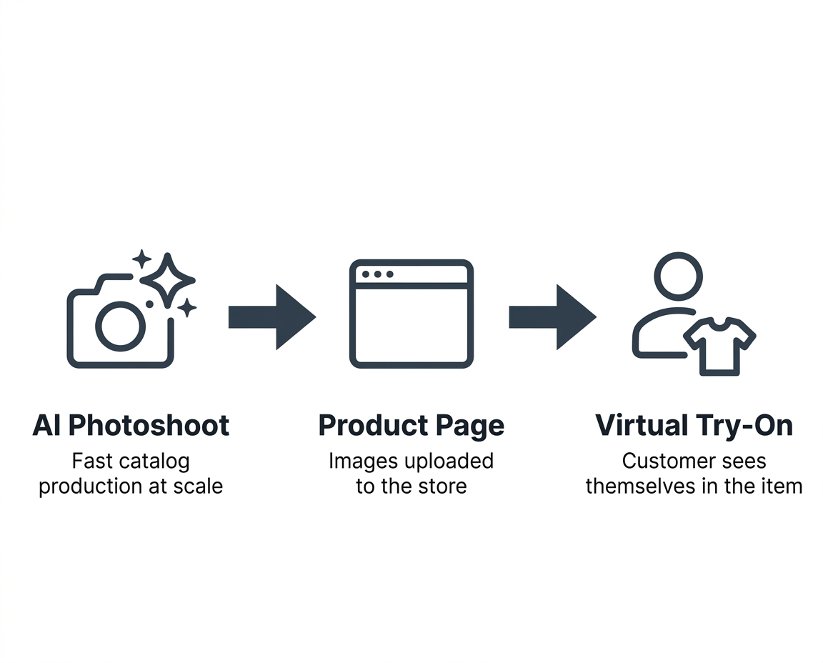 AI fashion content workflow - from AI photoshoot to virtual try-on on brand website AI fashion content workflow - from AI photoshoot to virtual try-on on brand website