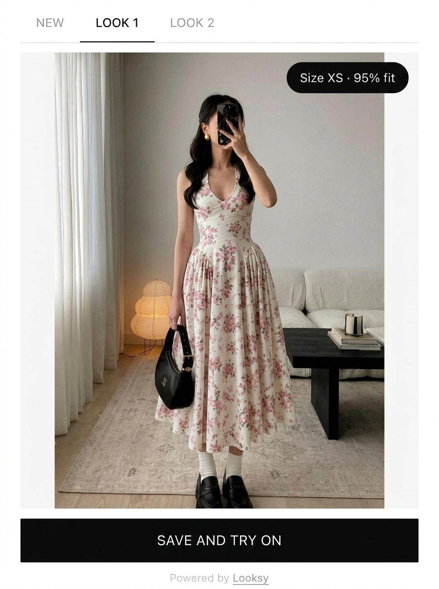 virtual try-on with size recommendation – LOOKSY widget showing fit result and size suggestion on product page virtual try-on with size recommendation – LOOKSY widget showing fit result and size suggestion on product page