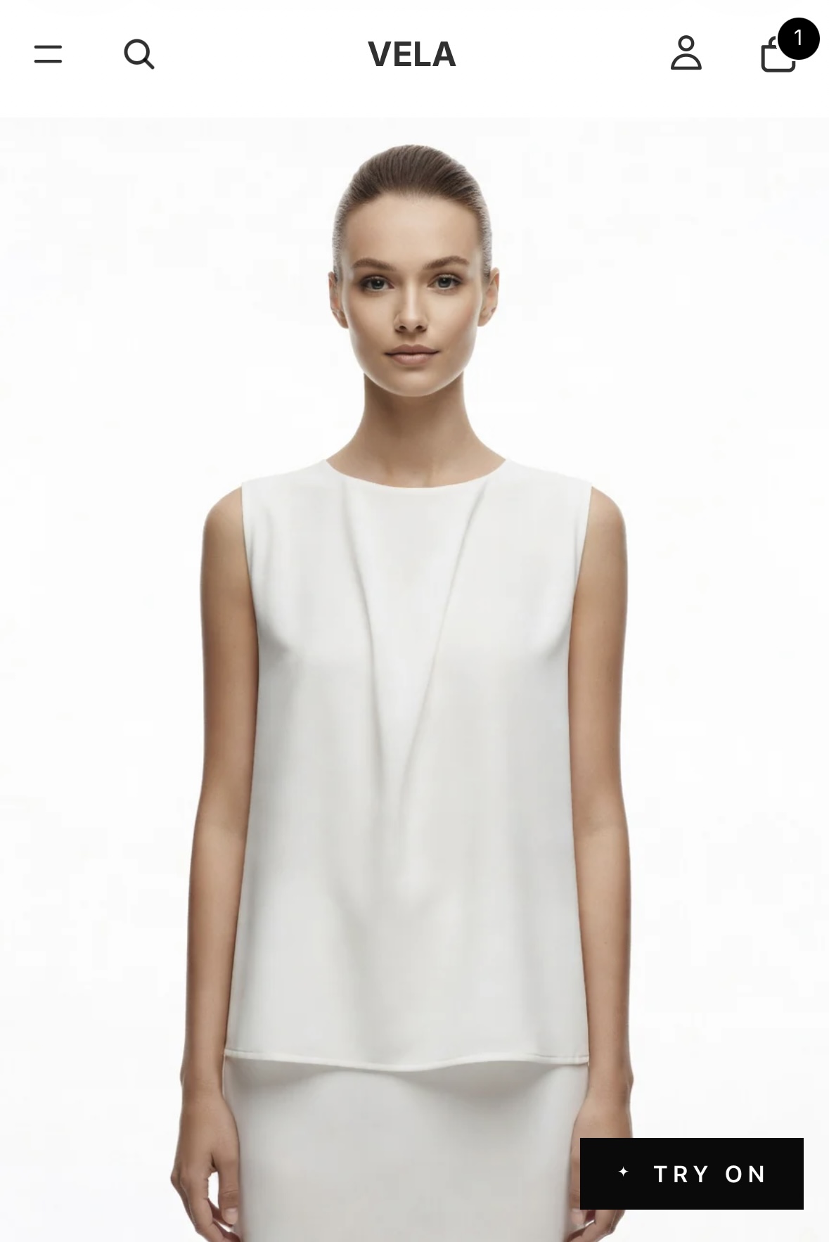 Choose a fashion item and start a Looksy virtual try-on Shopper choosing a white blouse and opening Looksy virtual try-on on a fashion store product page